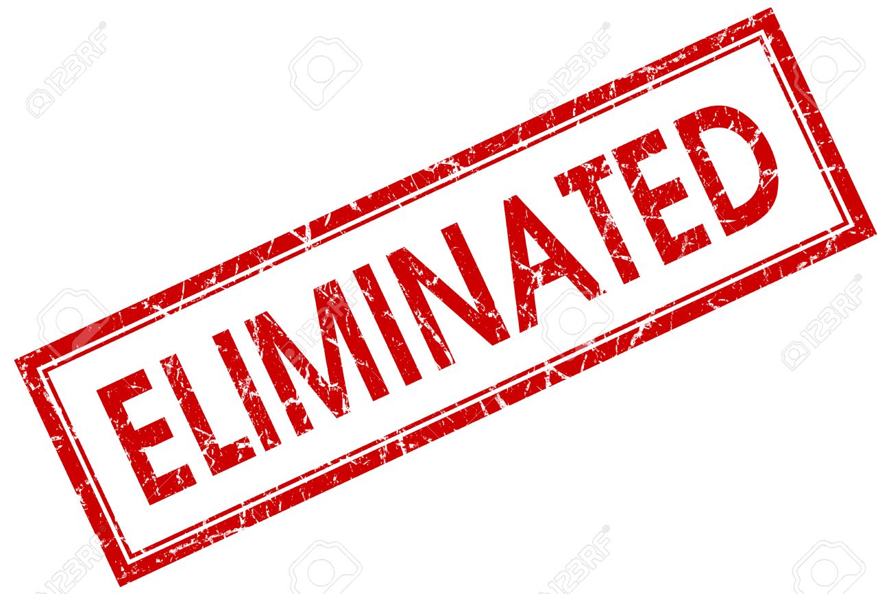 Eliminated red square grungy stamp isolated on white background